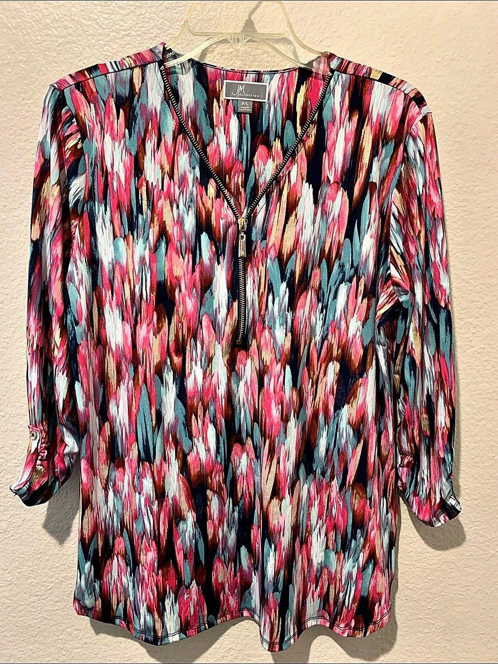 JM Collection Abstract Zip Front Blouse in Pink & Blue Size Large